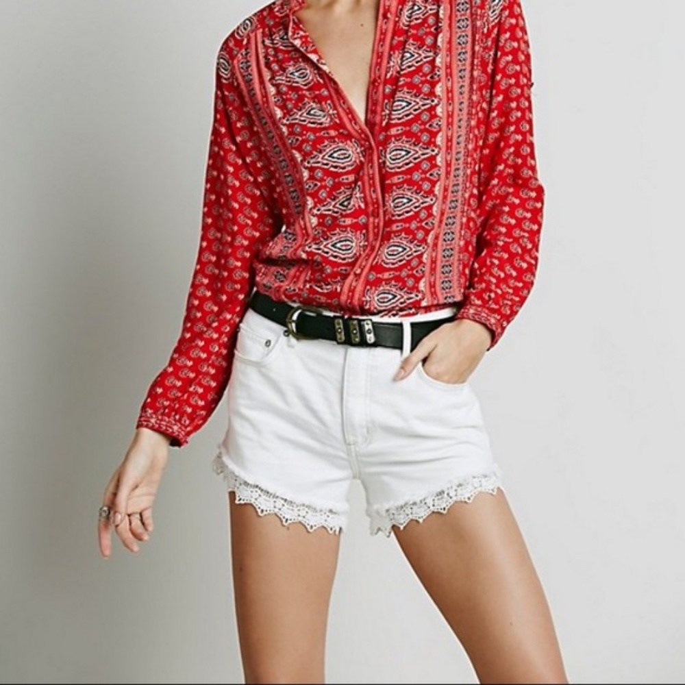 Free People White Denim Shorts with Lace Trim